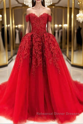 Gorgeous Off Shoulder Red Lace Long Semi Formal Prom Dresses, Red Lace Formal Evening Dresses, Red Ball Gown